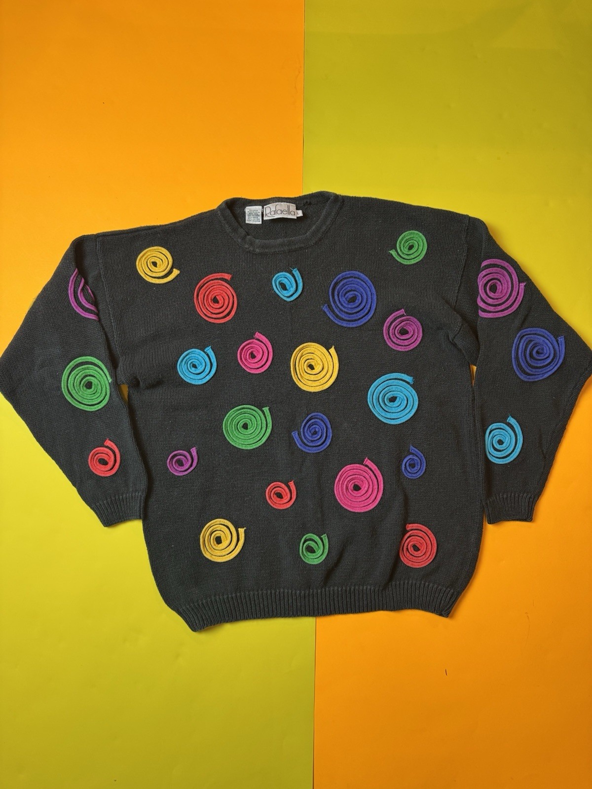 Vintage 80s Swirl Knit Sweater Womens Large Unique Design Colorful Black Unique