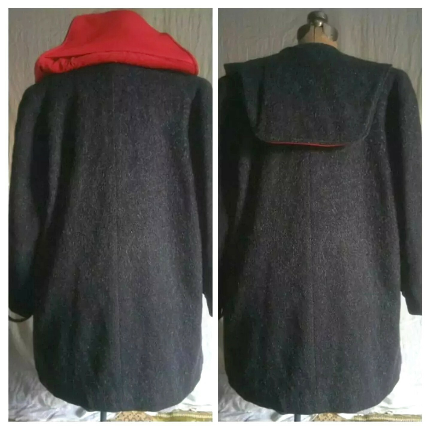 VTG 50s Gray Duffle Coat w/ SCARLET RED COUDEROY TRIM, Hood & Patch Pockets M