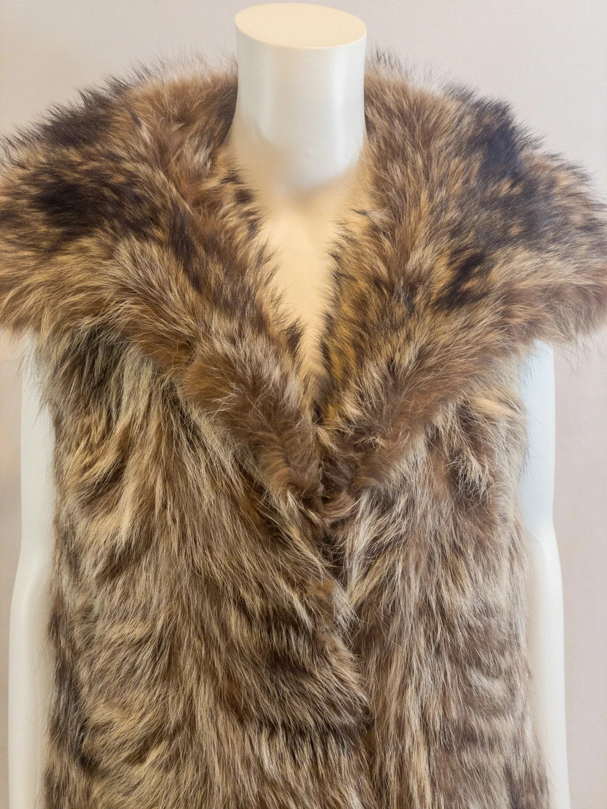Vintage Genuine Raccoon Fur Vest Womens Brown Longline Shawl Collar Boho
