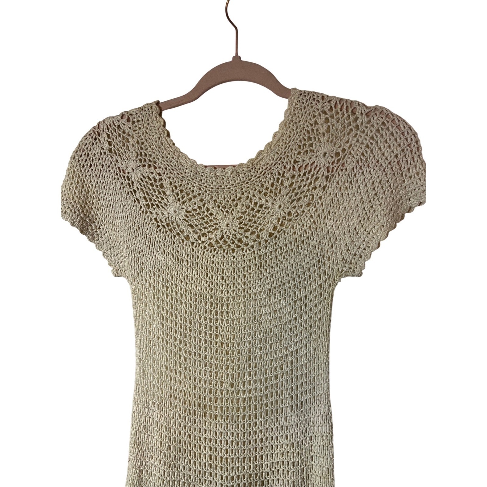 Vintage Crochet Maxi Dress XS Small 70s Whimsigoth Chevron Popcorn Stitch Ivory