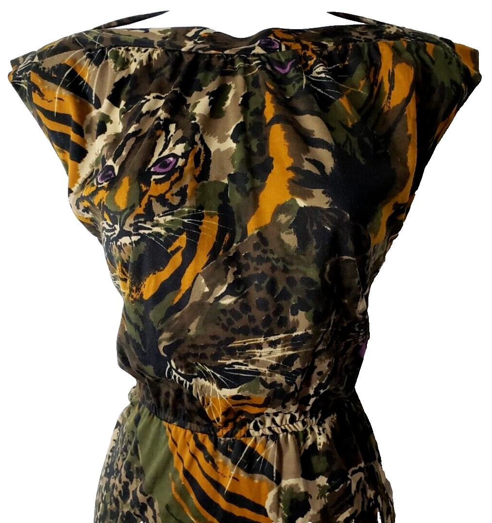 Vintage 70s Pinup Sheath Dress 7 Wiggle Tiger Jungle Camo Rockabilly Union USA