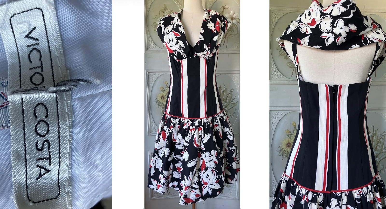 VTG 80s VICTOR COSTA USA BLACK RED WHITE FLORAL STRIPE COTTON PROM DRESS GUC 10
