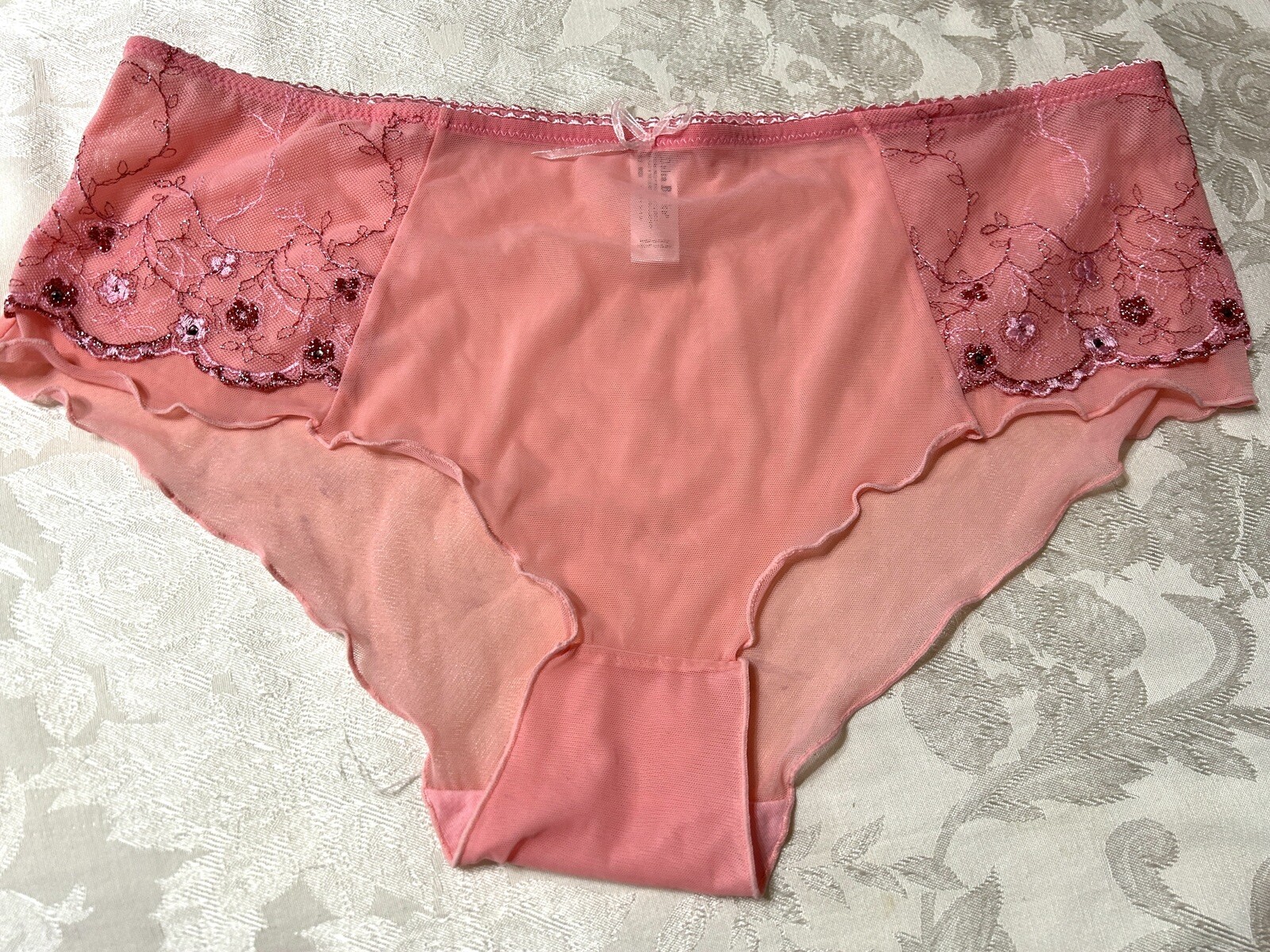 NWOT Vtg DELTA BURKE 6414 Embroidered Sheer Mesh Hipster 9/2X Pink Panties #108