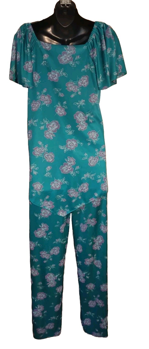 Vintage 70’S Ms. Sugar Teal & Purple Floral Two Piece Outfit Mrs. Roper Look