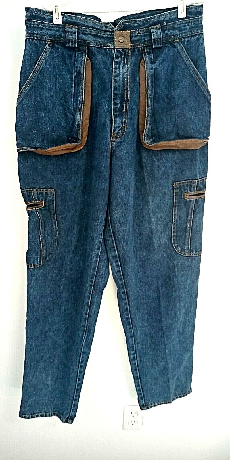 Vintage Cotler Cargo Blue Denim Jeans Women’s 34 Leather Trim Baggy 80s RARE