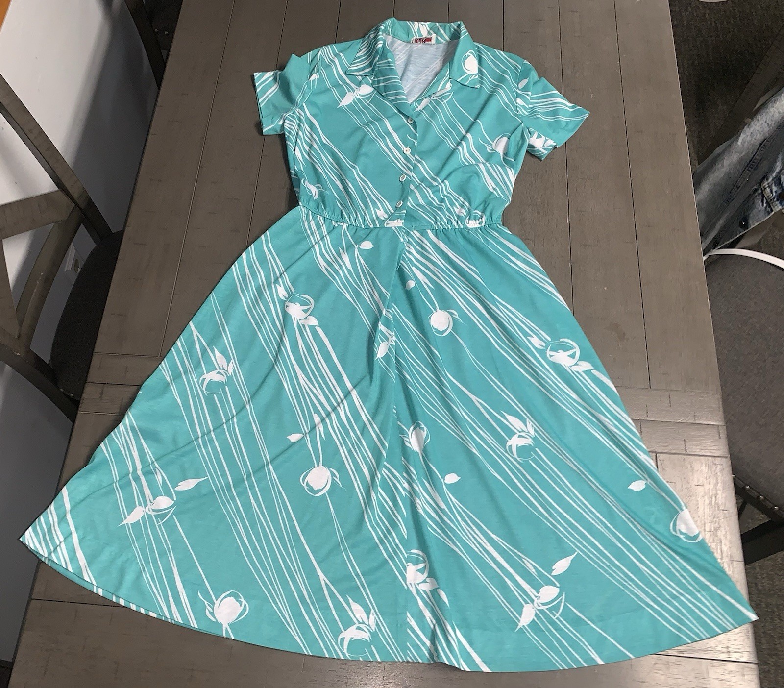 A7 VTG 80s R&K ORIGINALS TROPICAL FLORAL AQUA/WHITE SHIRT DRESS 7/8 ROCKABILLY