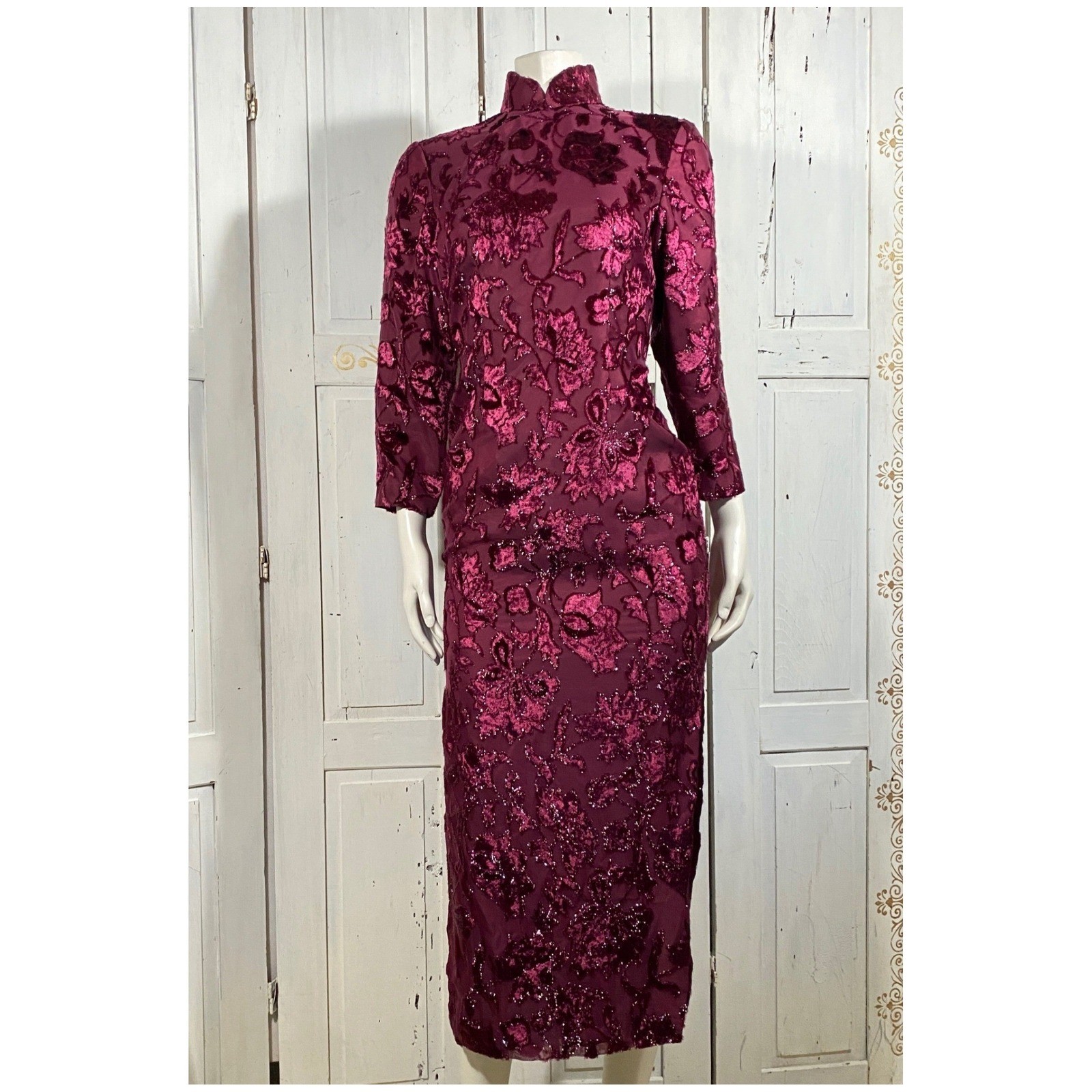 Vintage Burgundy Burnout Velvet Floral Cheongsam Midi Dress Mandarin Collar Sz S