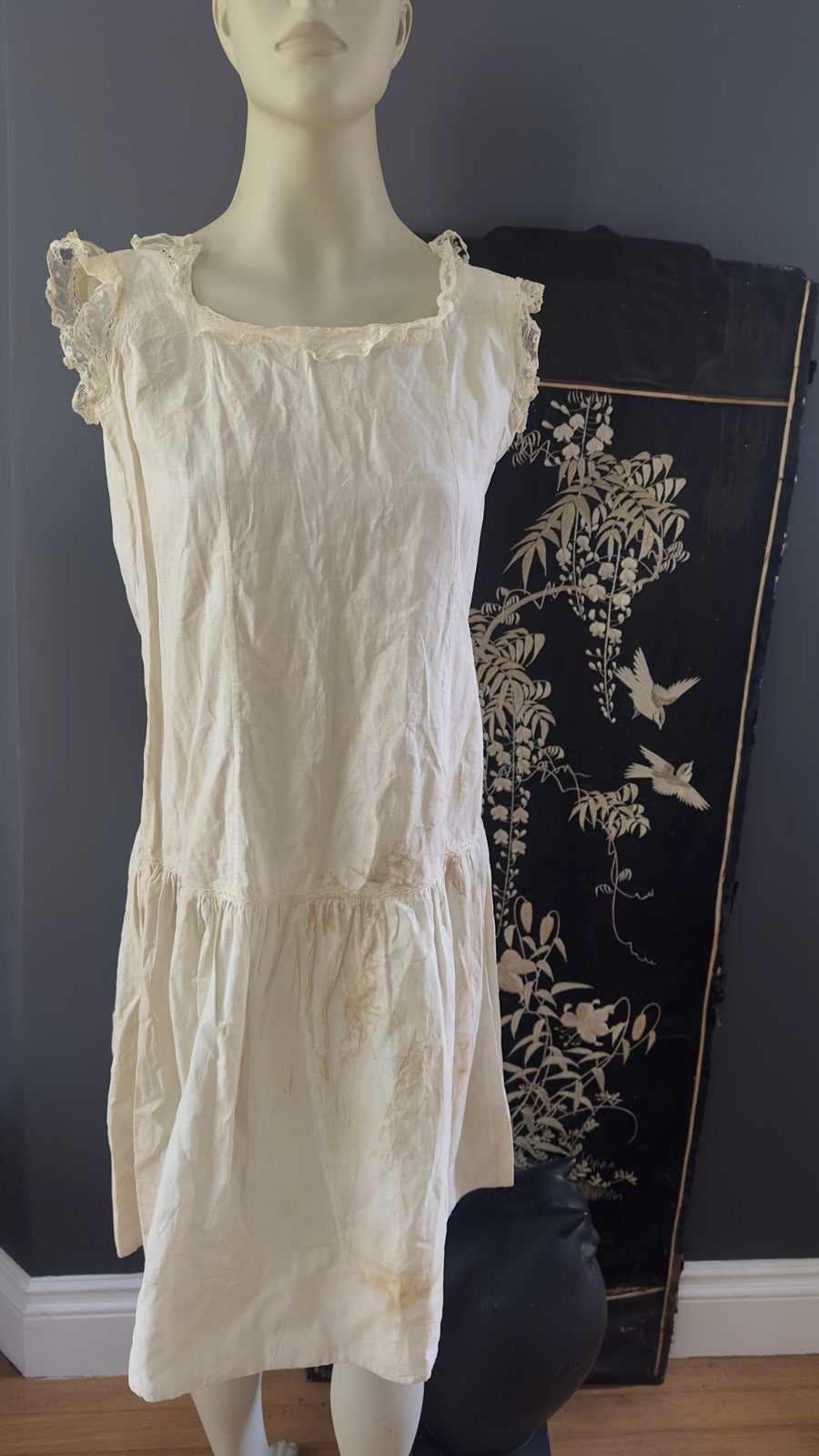 Lovely Antique 19C Lace Trim Cotton Lingerie Full Slip Dress Clothing