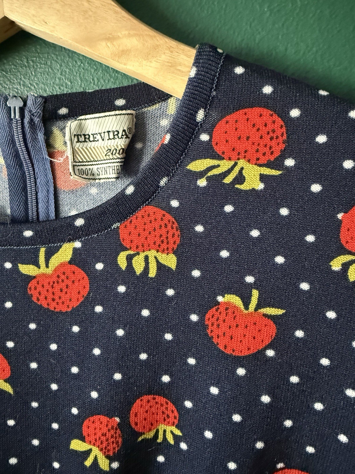 Vintage 60s 70s Strawberry Dress Polka Dot Mod Novelty Print Small Navy Red