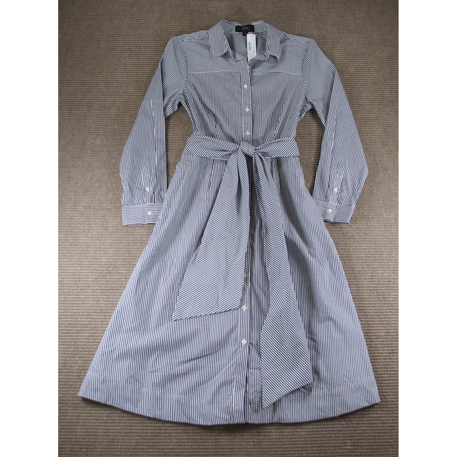 J Crew Navy Stripe Cotton Poplin Midi Shirt Dress 6 NWT Belted Coastal Grandma