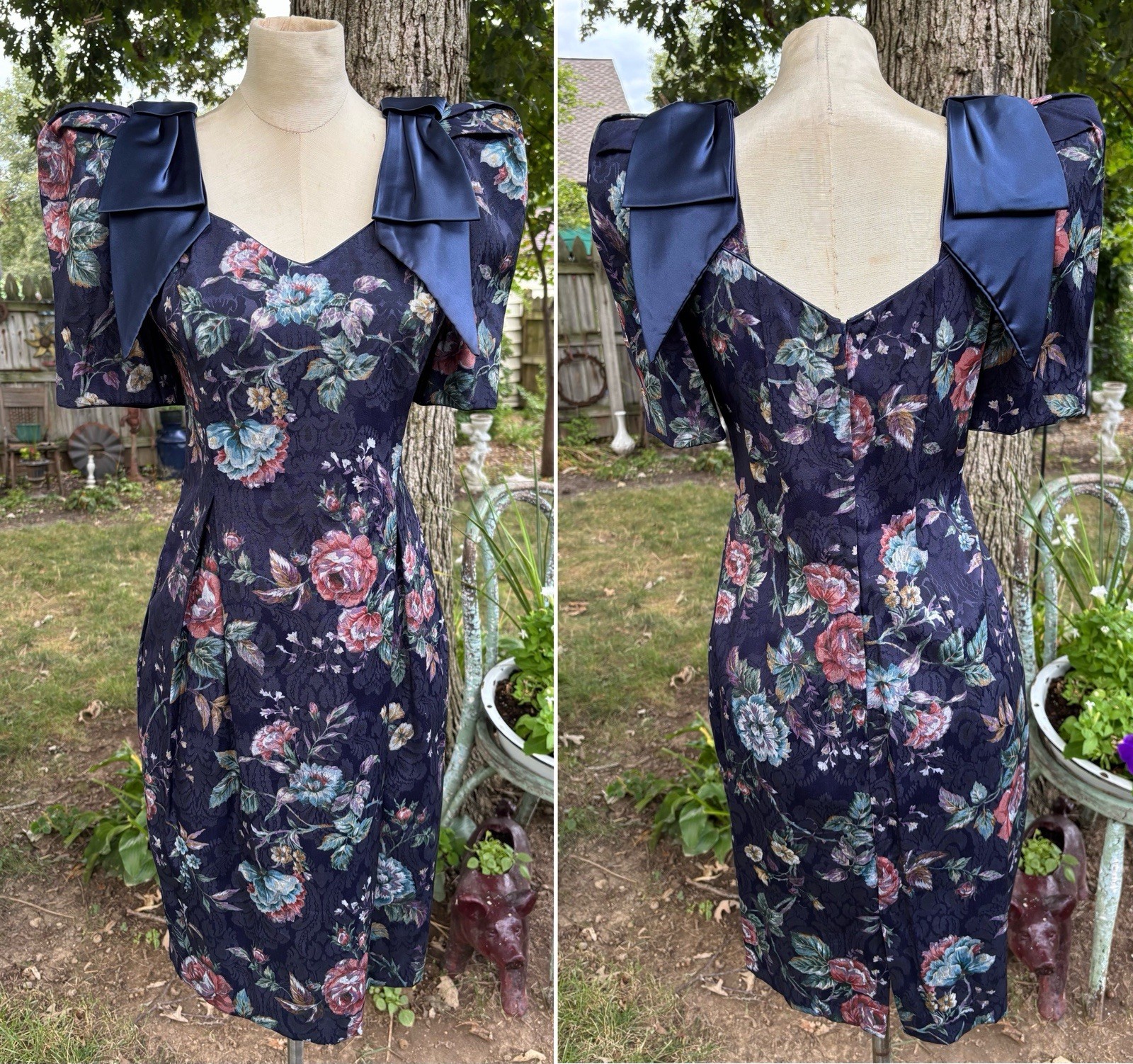 VTG Dress Wiggle Floral Shoulder Pads Blue Sz 6 Lined Puff Sleeve EUC 80s 90s