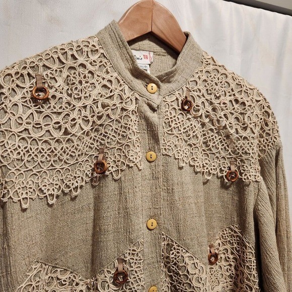 Lim’s Vintage Boho Crochet Lace Button Down One Size Wooden Ring Accents Shacket
