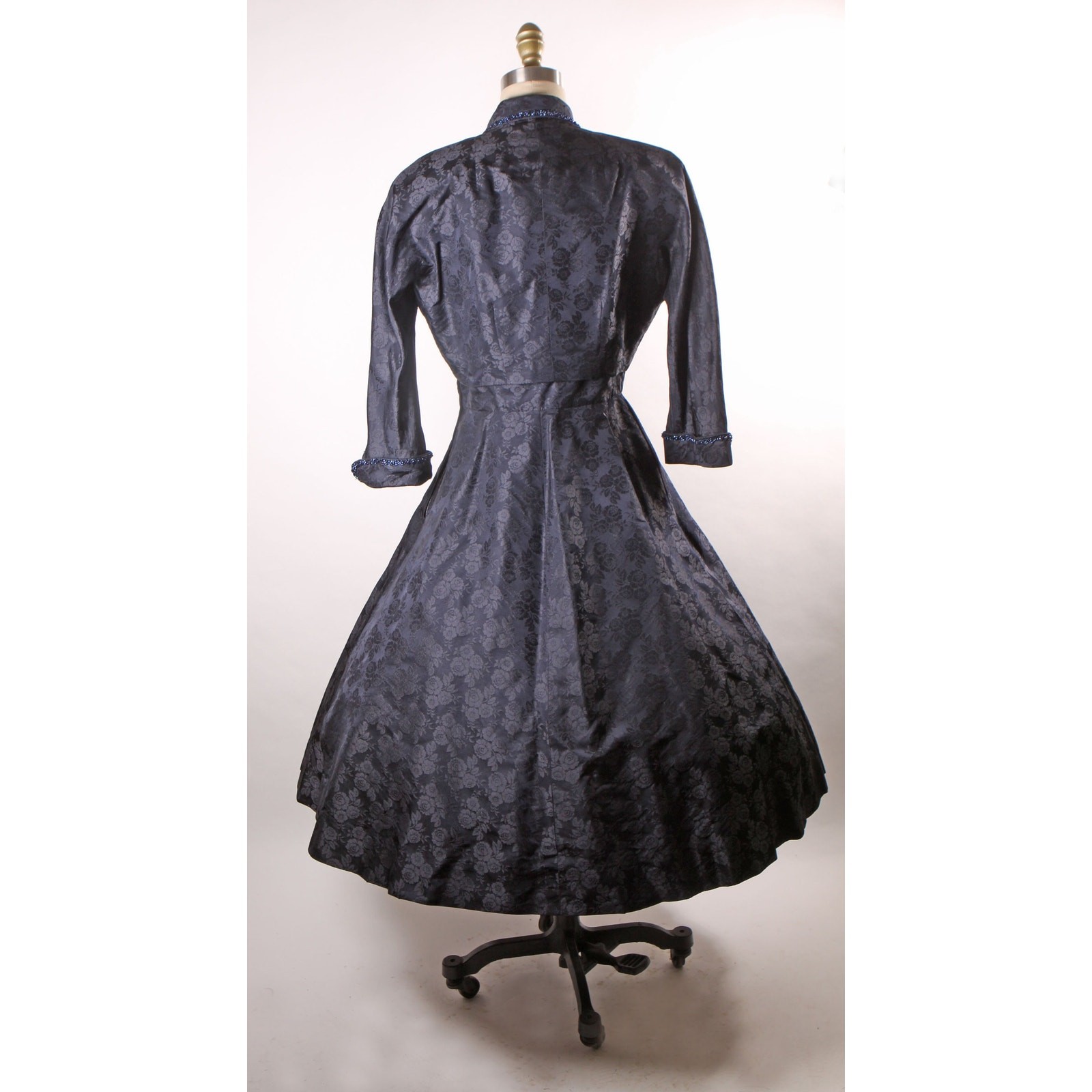 1950s Dark Navy Blue Floral Short Sleeve Dress with Matching Beaded Jacket