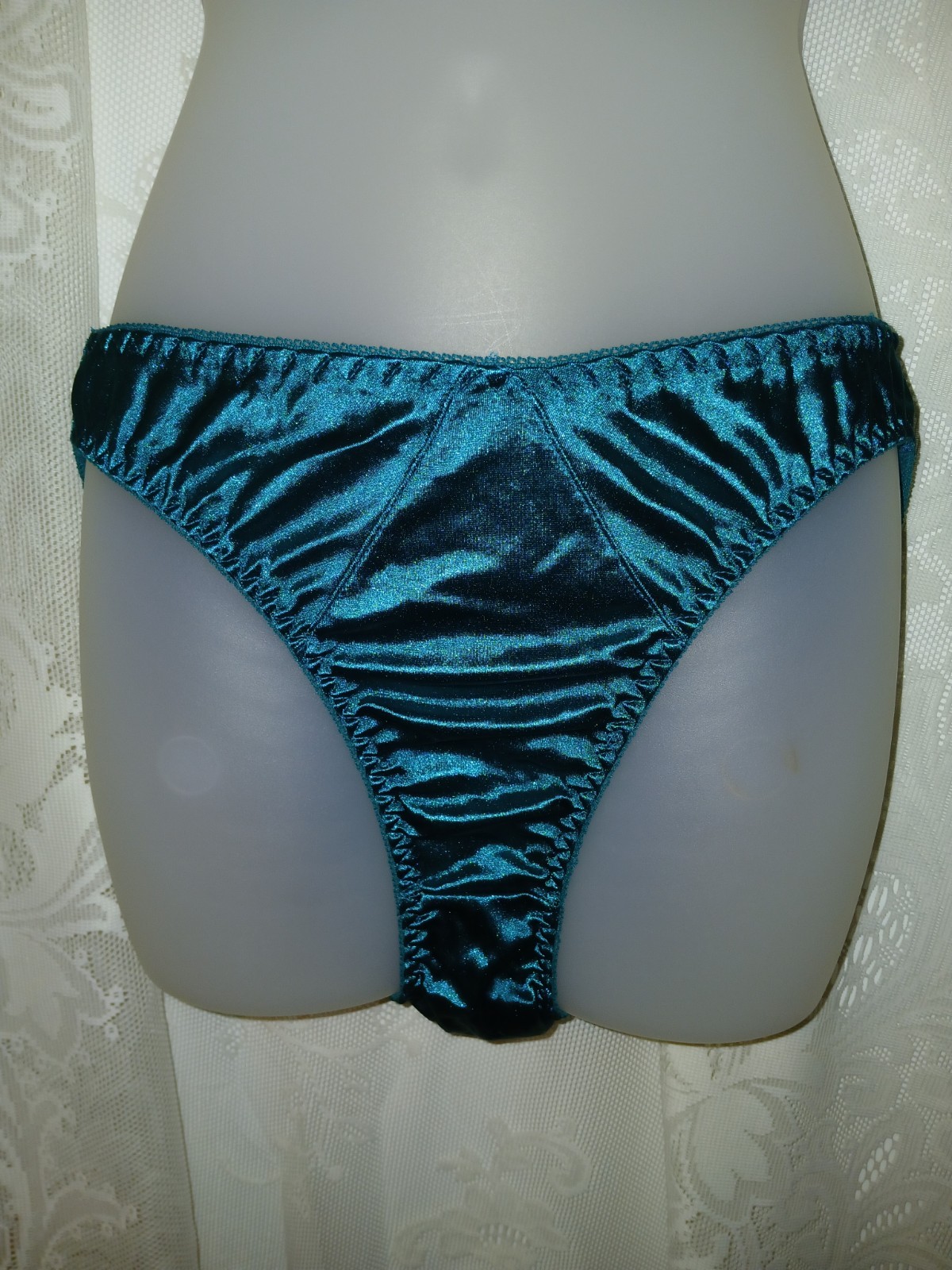 Vintage 90s Teal Green Wet Look Satin Nylon Second Skin Hi-Cut Panties L EUC