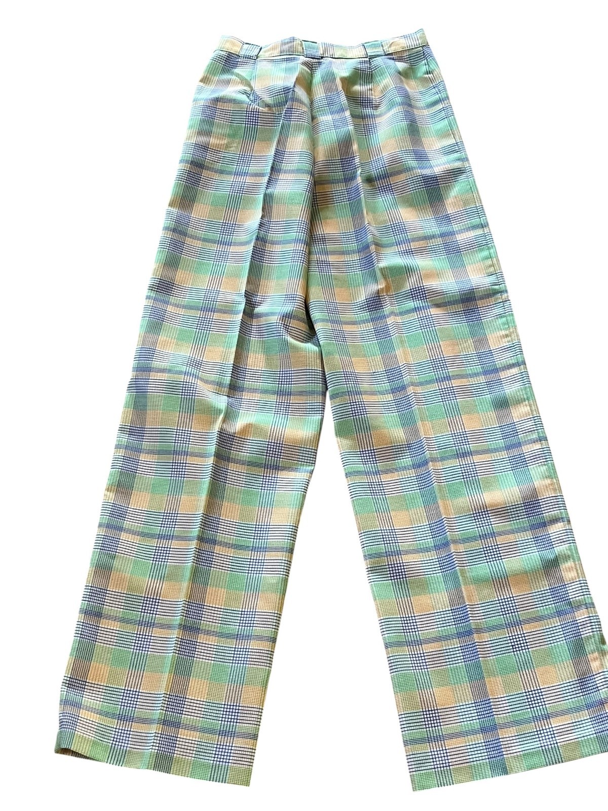S Vtg 70s High Waist Pants Wide Bottom Leg 26.5 x 30 Green Plaid Cotton Slacks