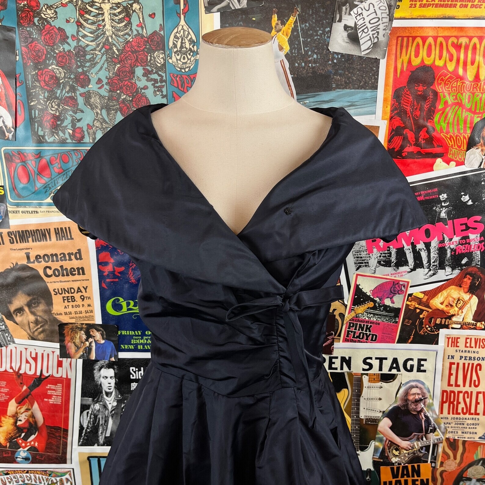 Vintage 50s Navy Blue Taffeta Cocktail Swing Dress Womens Size 2 XS Retro