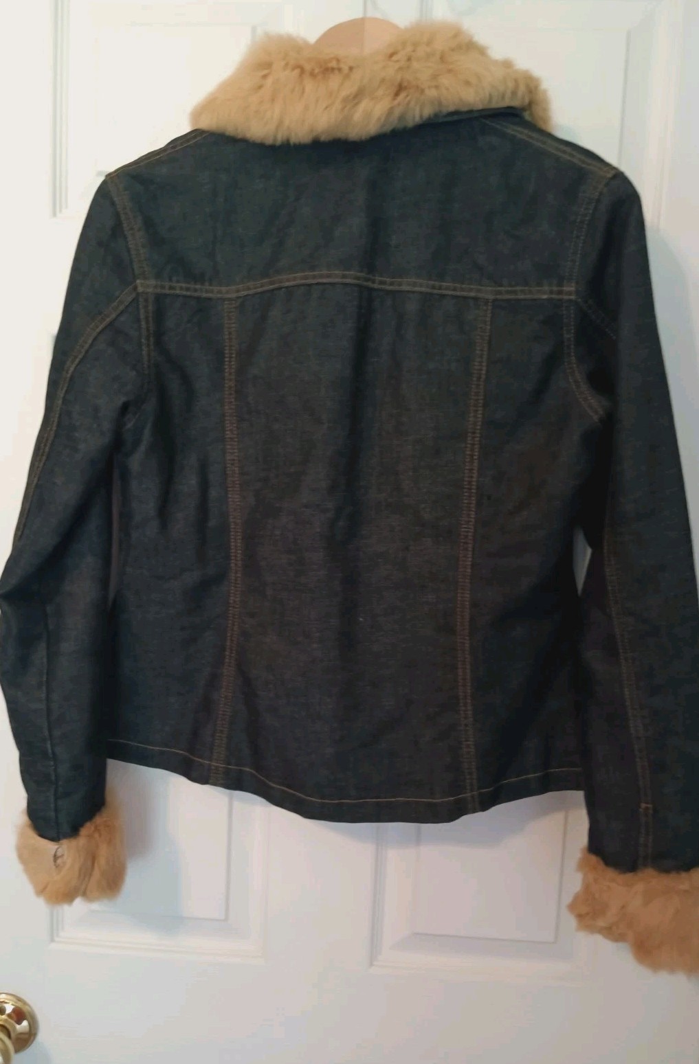 VTG Y2K StreetCode denim jean jacket short detach rabbit fur trim quilt lining S