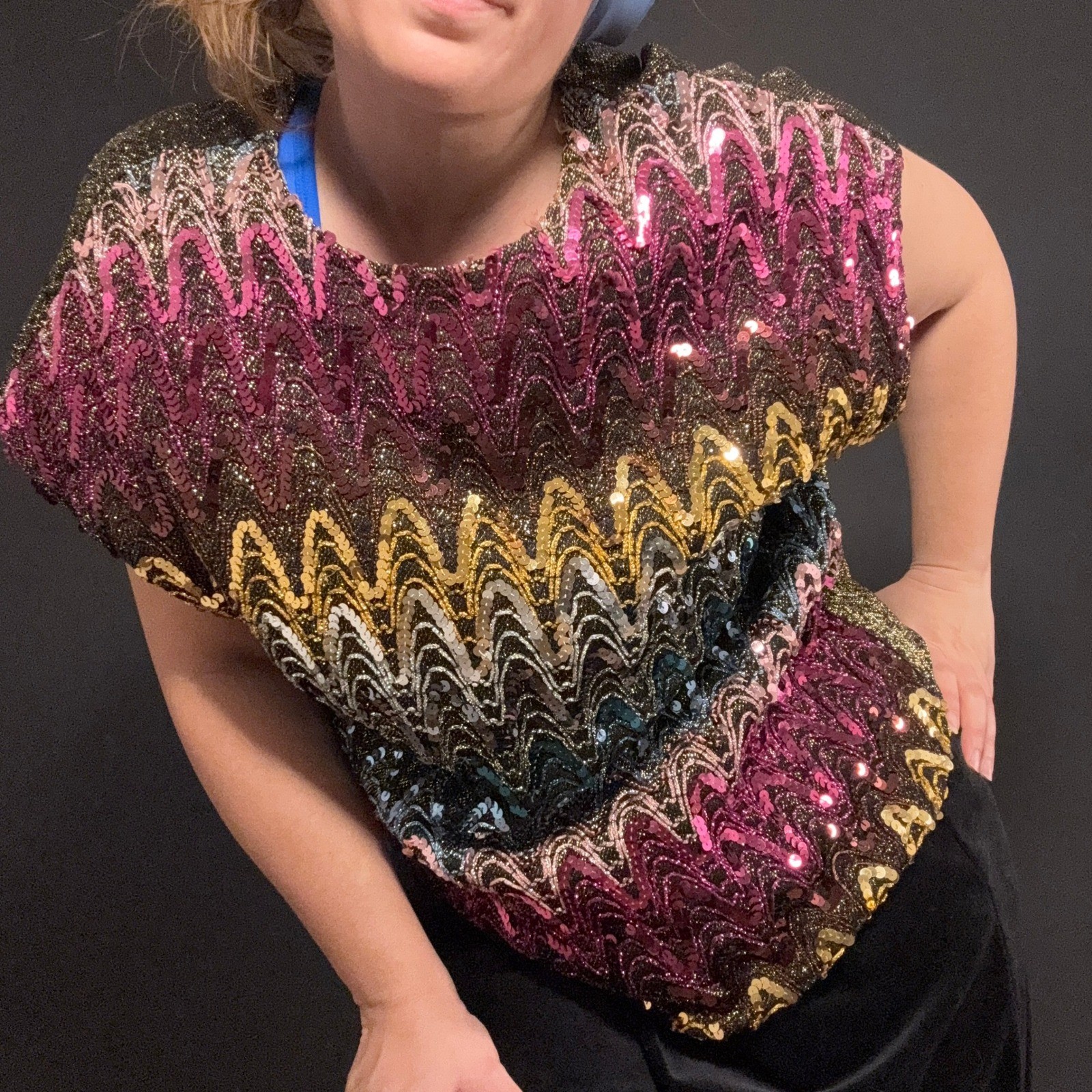 Vintage 70s Sequin Disco Chevron Metallic Lurex Zig Zag Party Blouse Made in USA