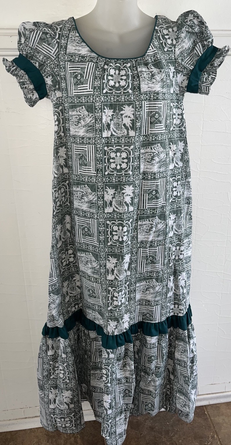 Vtg 1980s 90s REYN SPOONER Green Hawaiian Lahaina Sailor Print Mumu Muumuu-Sz XS