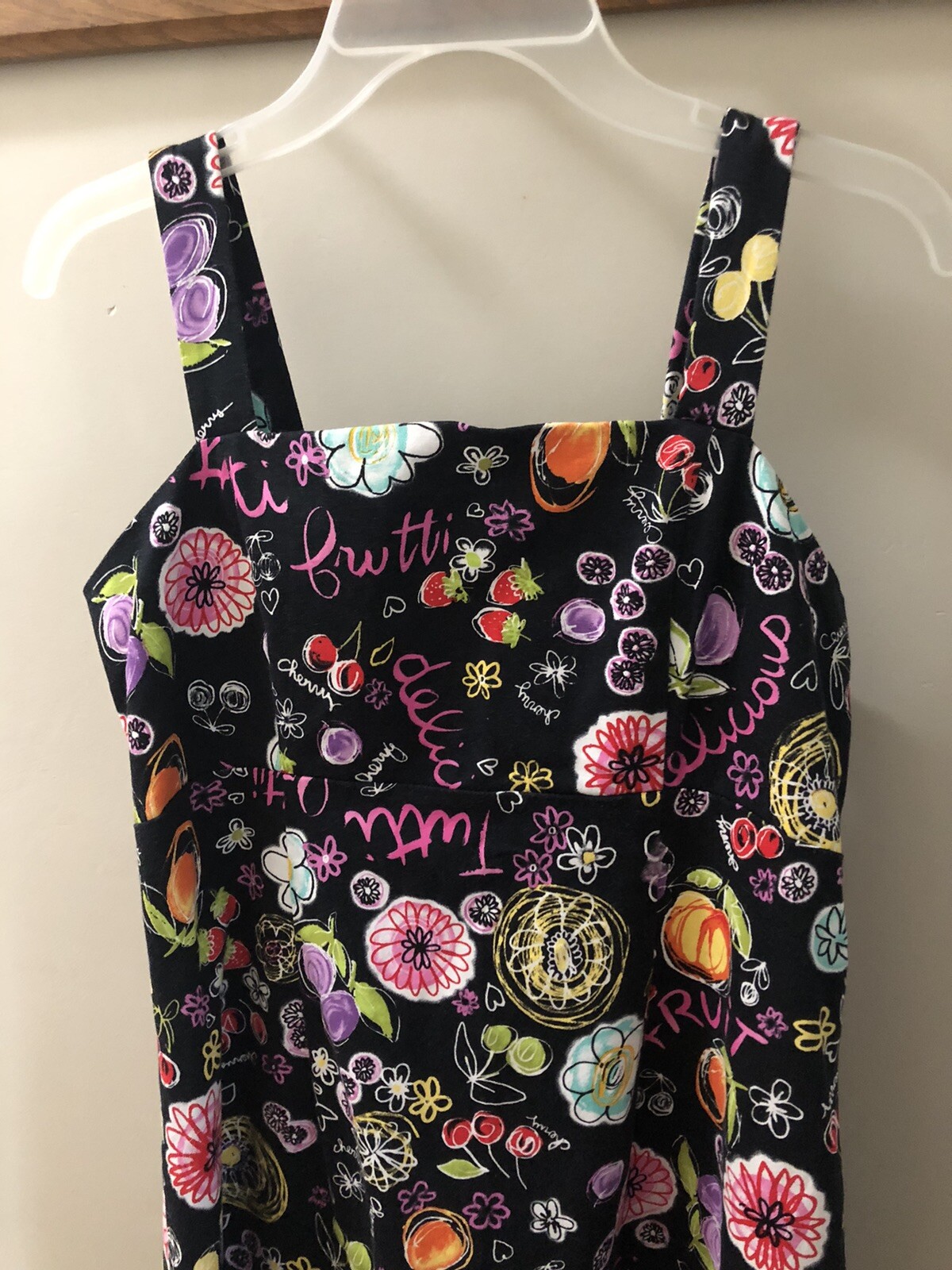 Karin Stevens Black Tiered Sundress Size 10 Colorful Fruit Cherry Smocking Fun