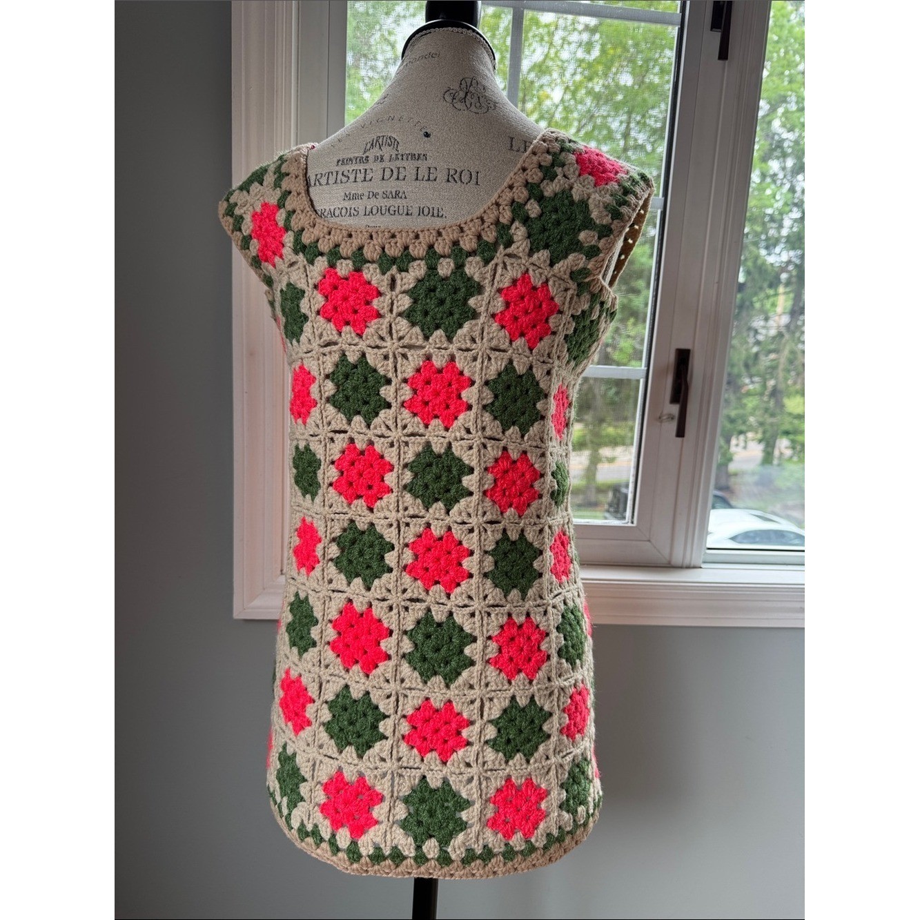 Vintage hand knit boho granny Square, long sweater vest, neon pink and green S/M