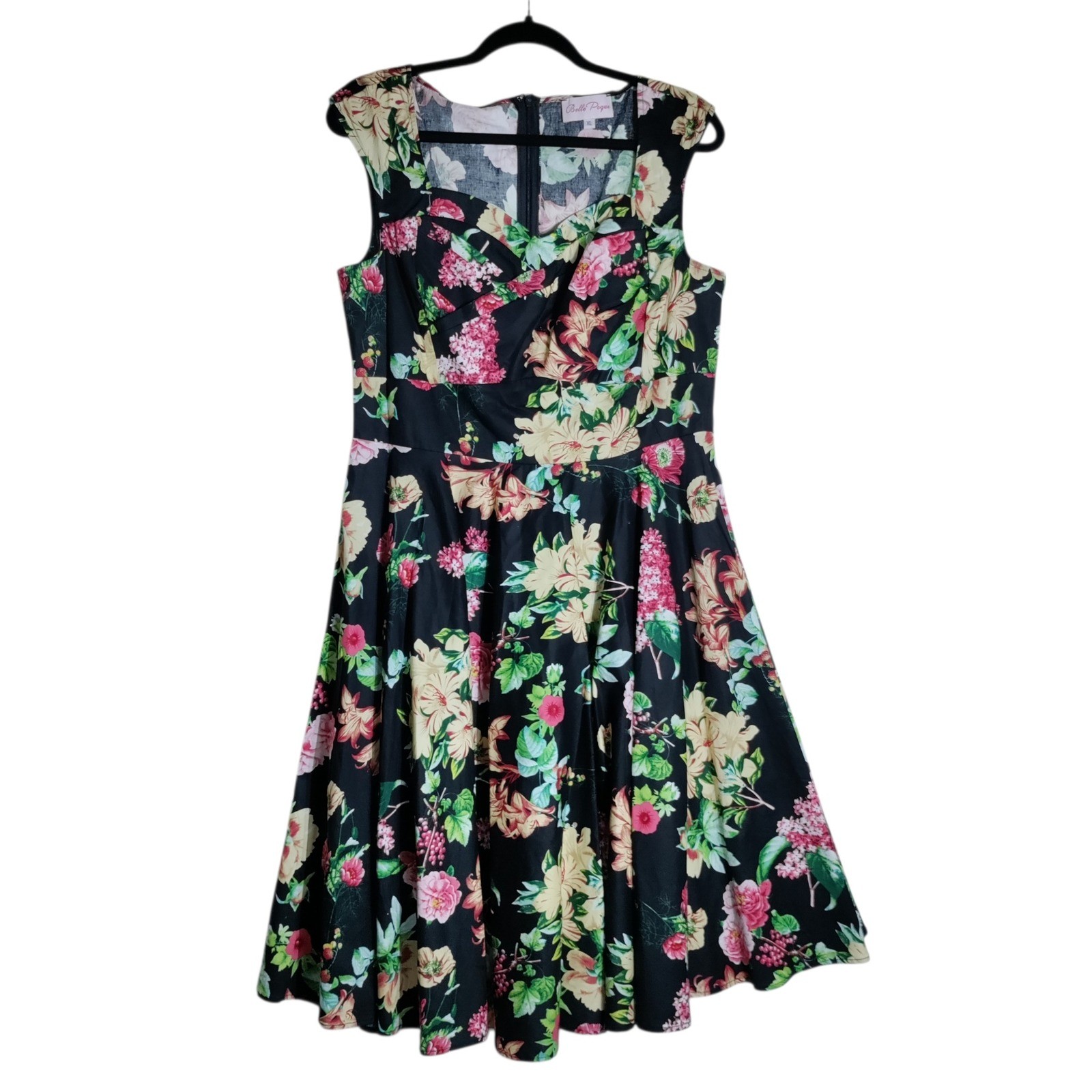 Belle Poque Floral Fit and Flare Dress XL Black Pink Sweetheart Retro Rockabilly