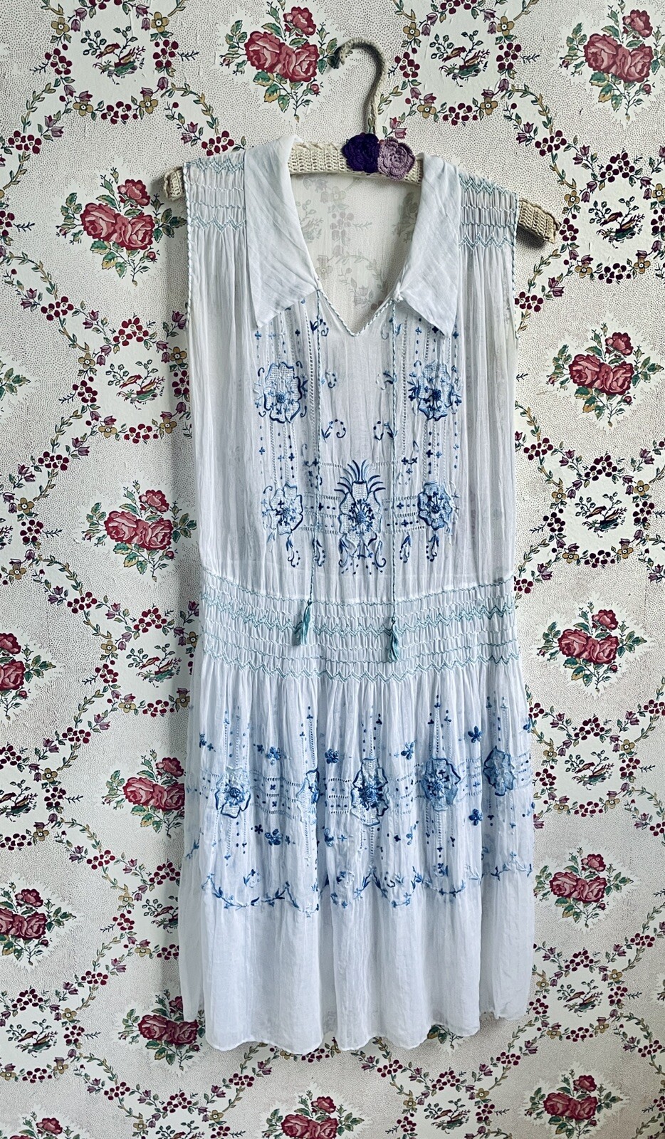 Vintage Dress Flapper 1920 White Cotton Voile Blue Embroidered Hungarian Peasant