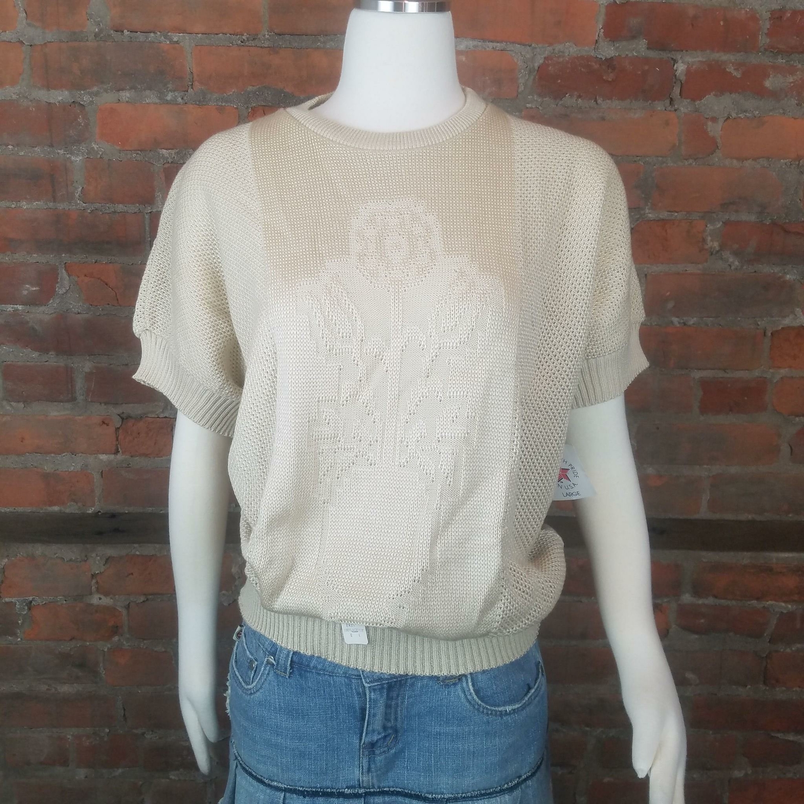 Vintage Womens Lightweight Sweater Beige Pointelle Flower Pot Design Size L
