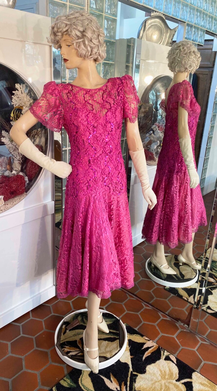 VTG 80s Shuet Young Dress Pink Lace Sequin Tea Party Evening sz M Flapper Style