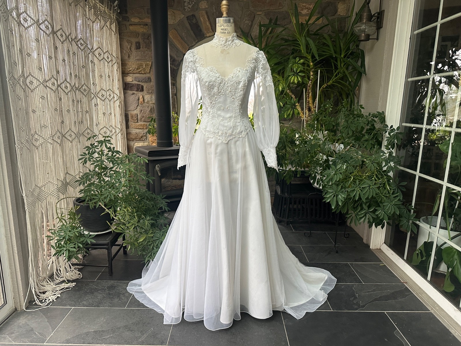 Vintage 1970s White High Neck Nylon Chiffon and Lace Wedding Gown