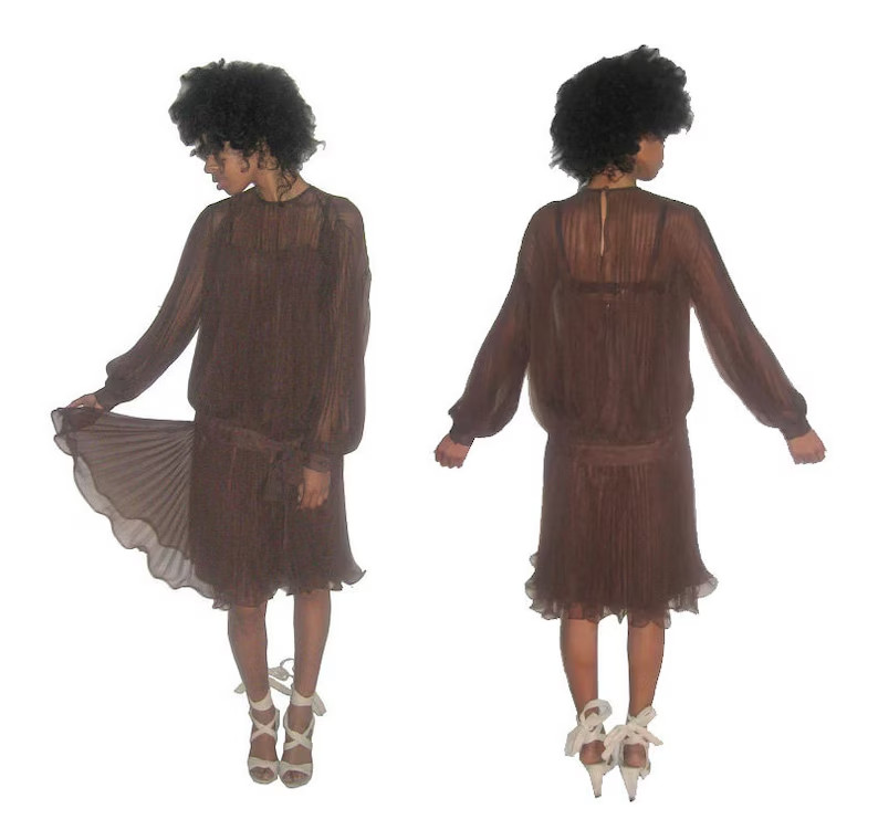VTG Brown Organza Pleated Blouson Tie Waist Tunic Strappy Dress 2pc Ensemble 12