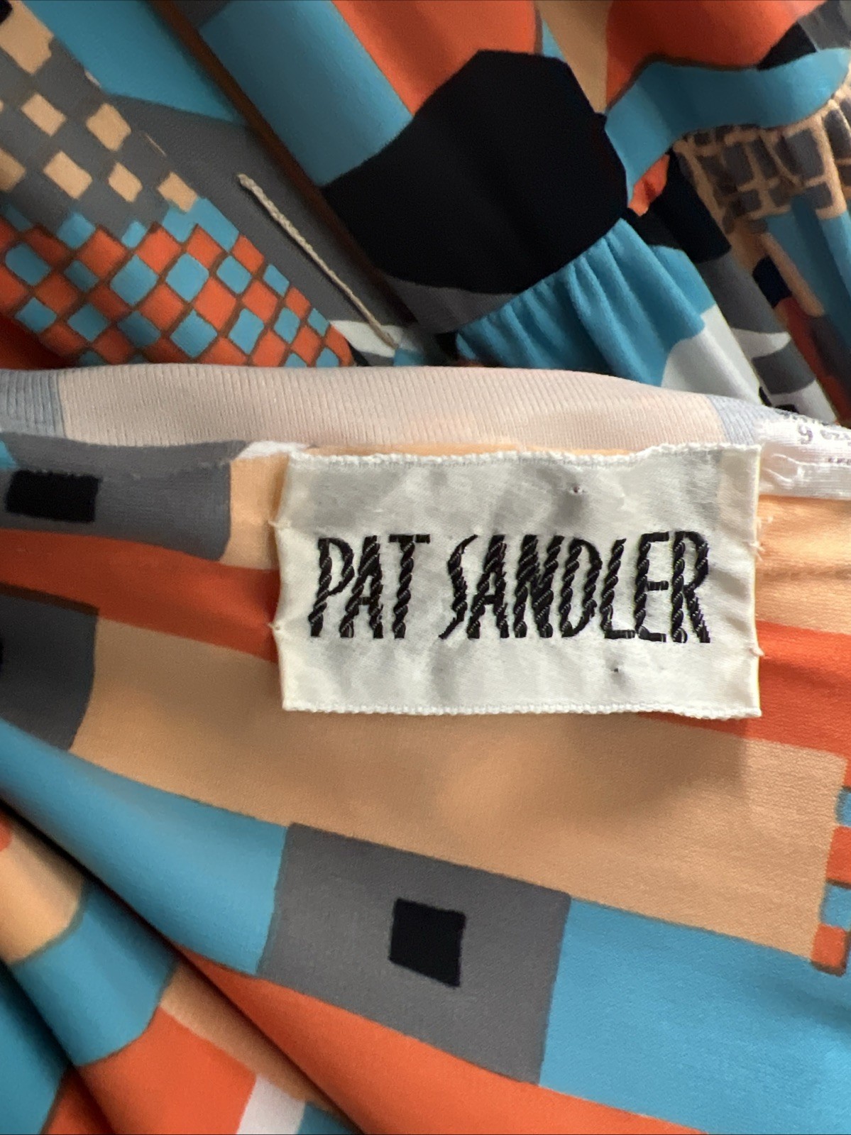 033 1970s Halter dress set, jacket, orange op-art Pat Sandler size XS VG!