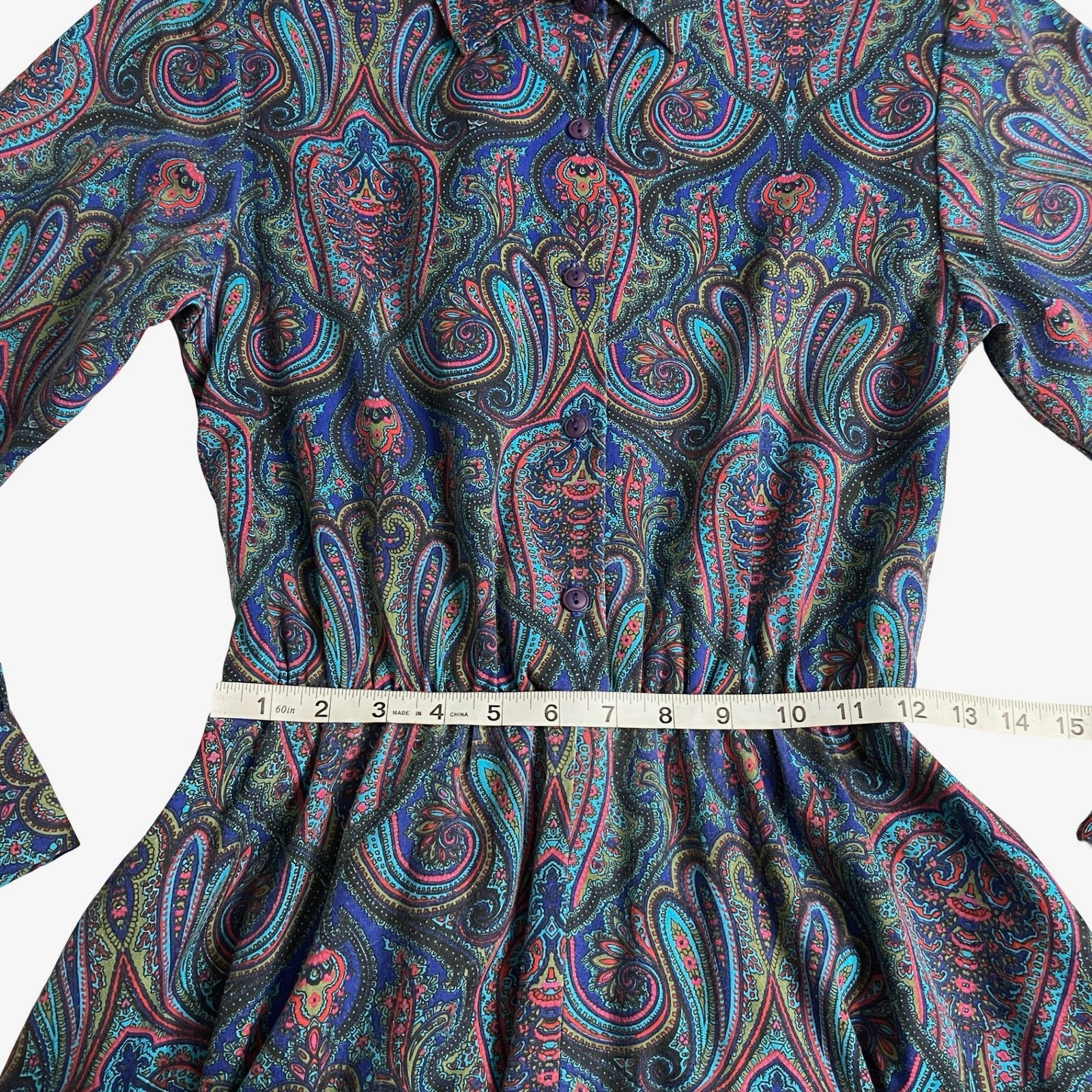 Vintage 80s Bedford Fair Paisley Midi Dress Womens 6 Long Sleeve Belted Boho Mod