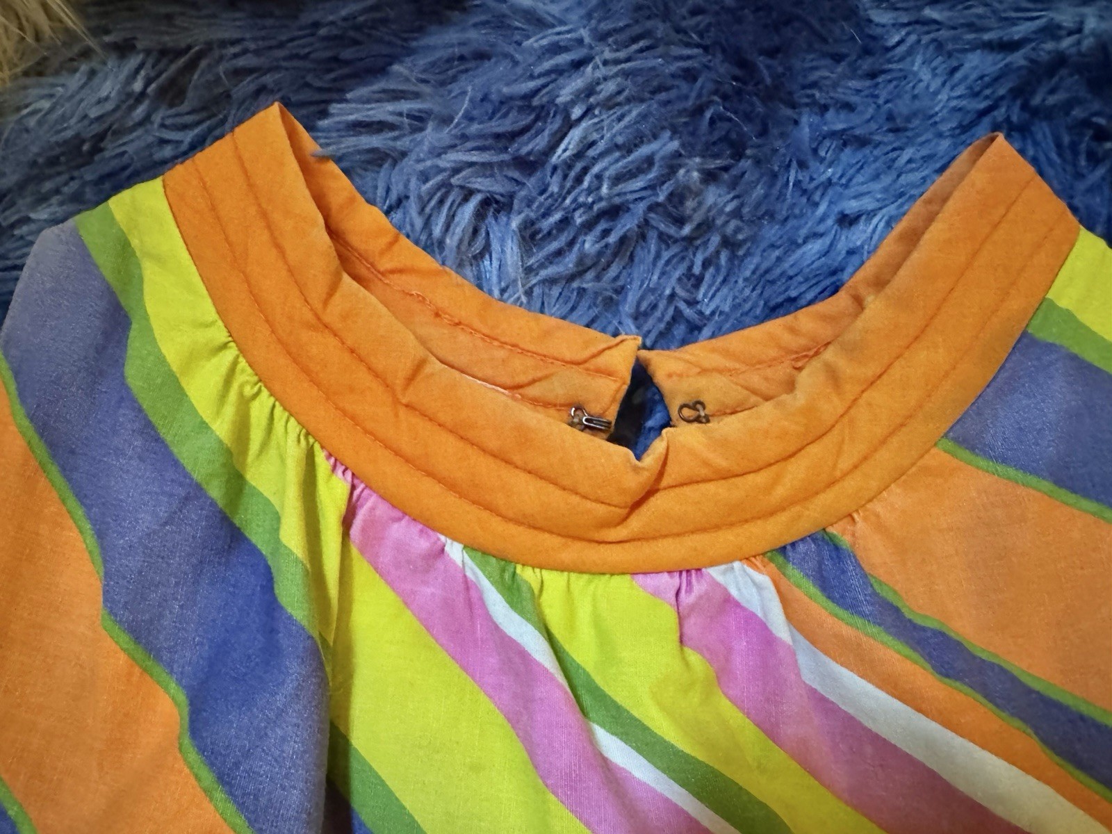 Vtg Stripe Tent A Line 60s Dress Quilted Collar Pocket Cotton XS S