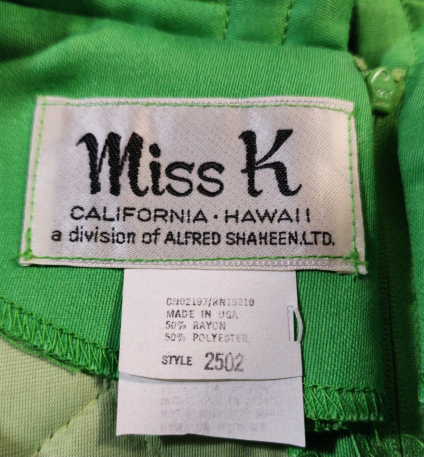 Vintage Miss K by Alfred Shaheen Green Quilted Mandarin Collar Maxi Dress