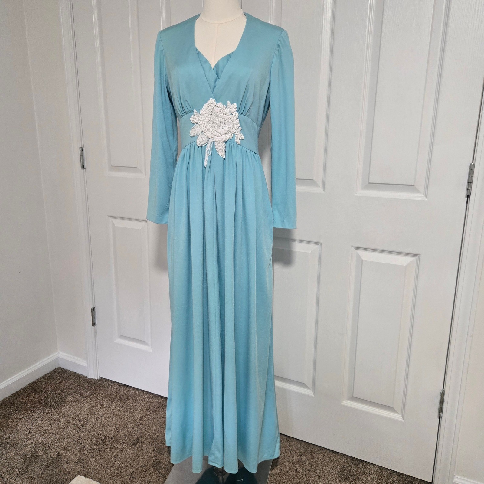 Lillie Rubin Maxi Dress Womens Small Blue 70s Vintage Beaded Empire Waist Gown