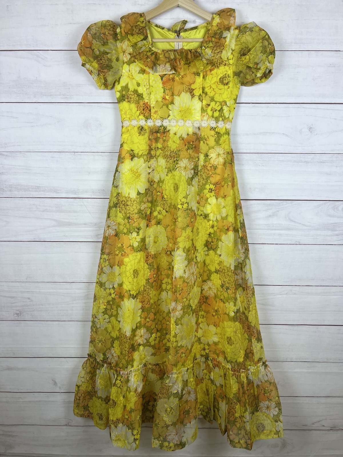 Vintage Floral Dress Yellow 70s 80s Small or XS