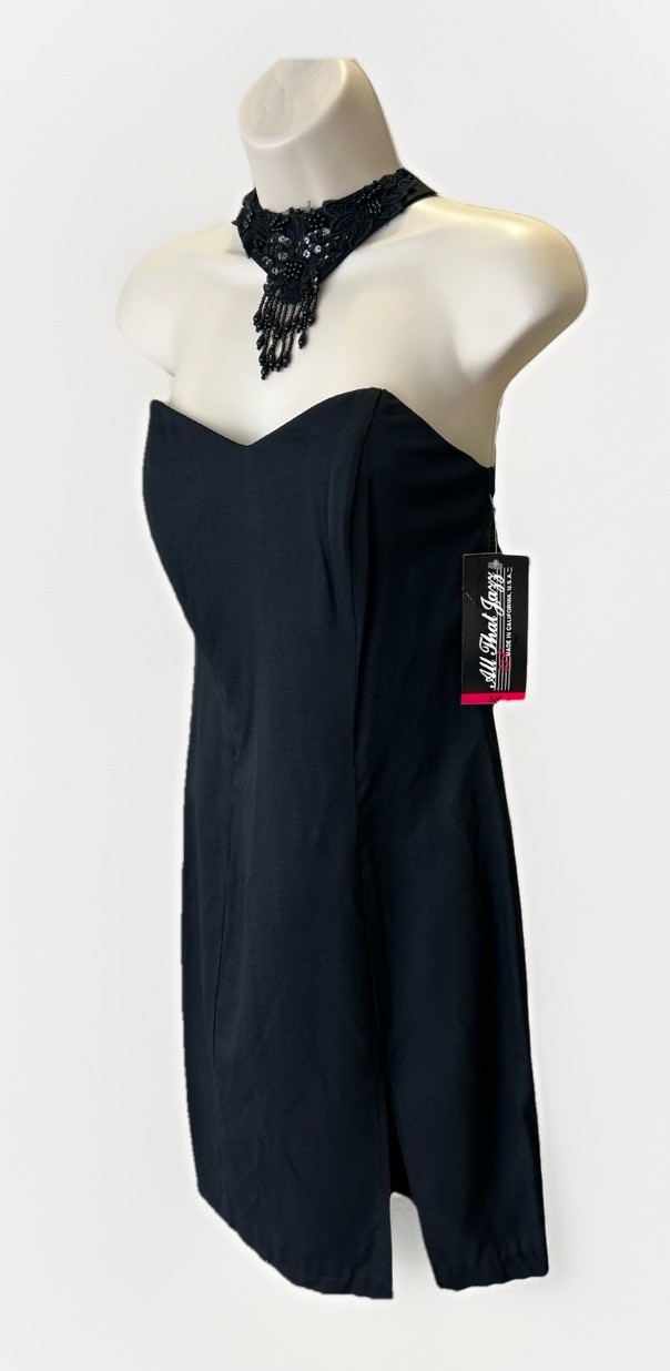 NOS VTG 90s Beaded Choker Collar Strapless Glam Goth Black Cocktail Dress 5/6