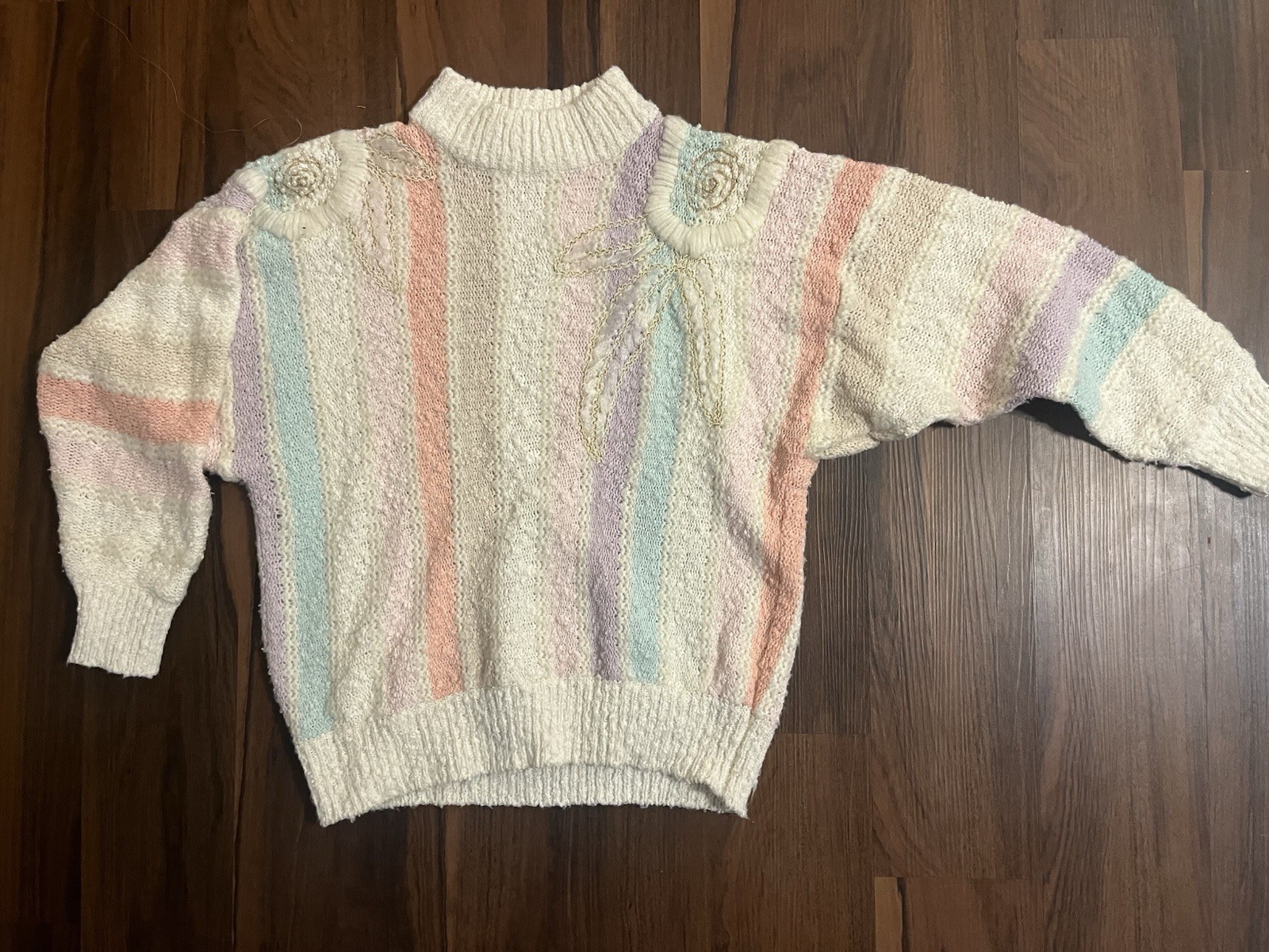 Vintage 1980s Embellished 20ans Mariea Kim Sweater Pink Vertical Stripes Plus Sz