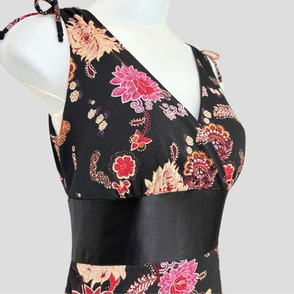 Ruby Rox Babydoll Black Floral Dress Medium Satin High Waist Lace-Up Y2K Fairy