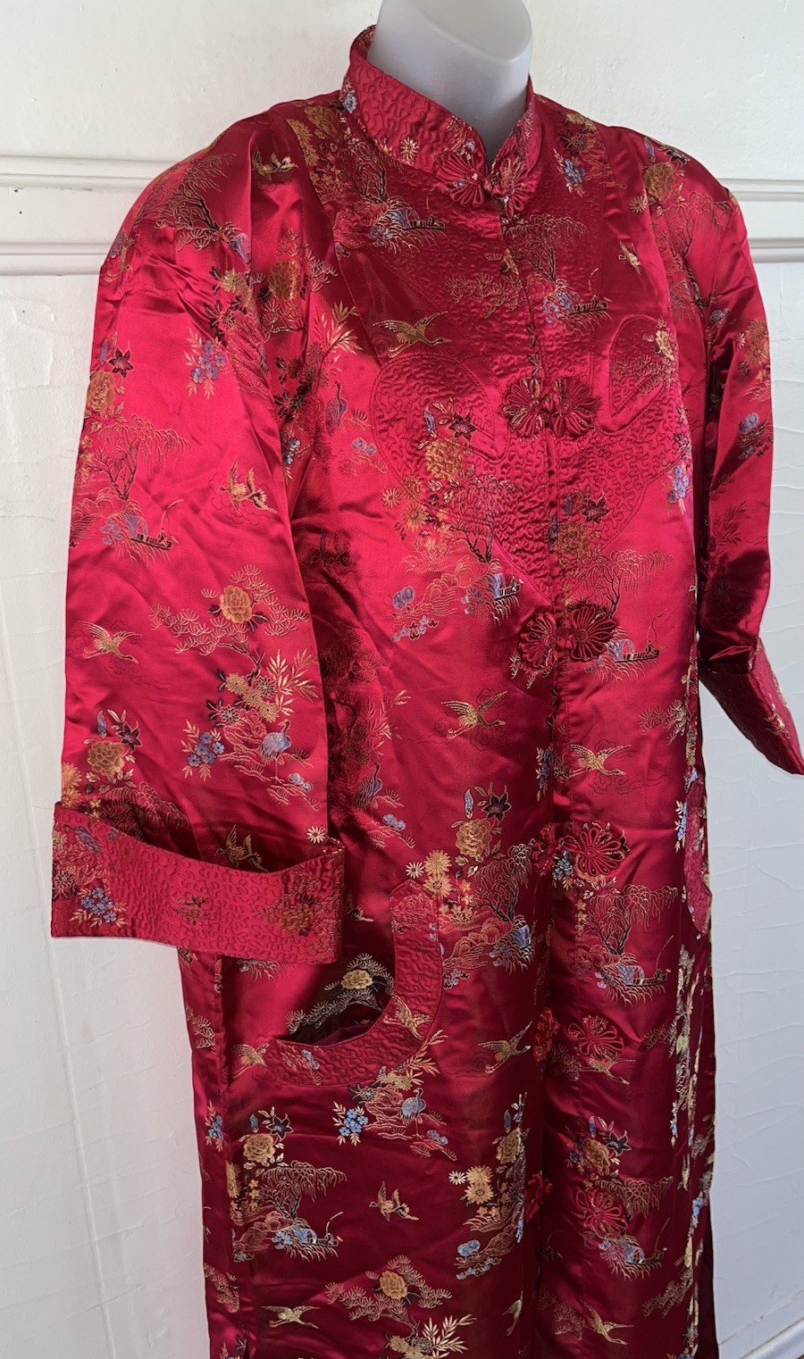 Vtg Solz Squirrel Brand Red Satin Long Chinese Jacket Kimono Robe Frog Knot XL