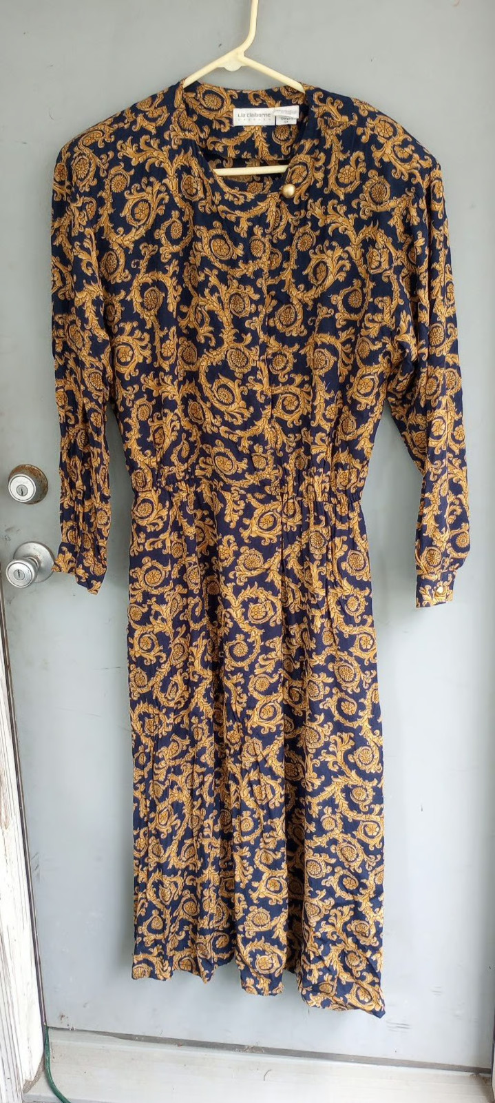 Vintage Liz Claiborne AOP 80s or 90s Dress Navy and Gold sz. 12