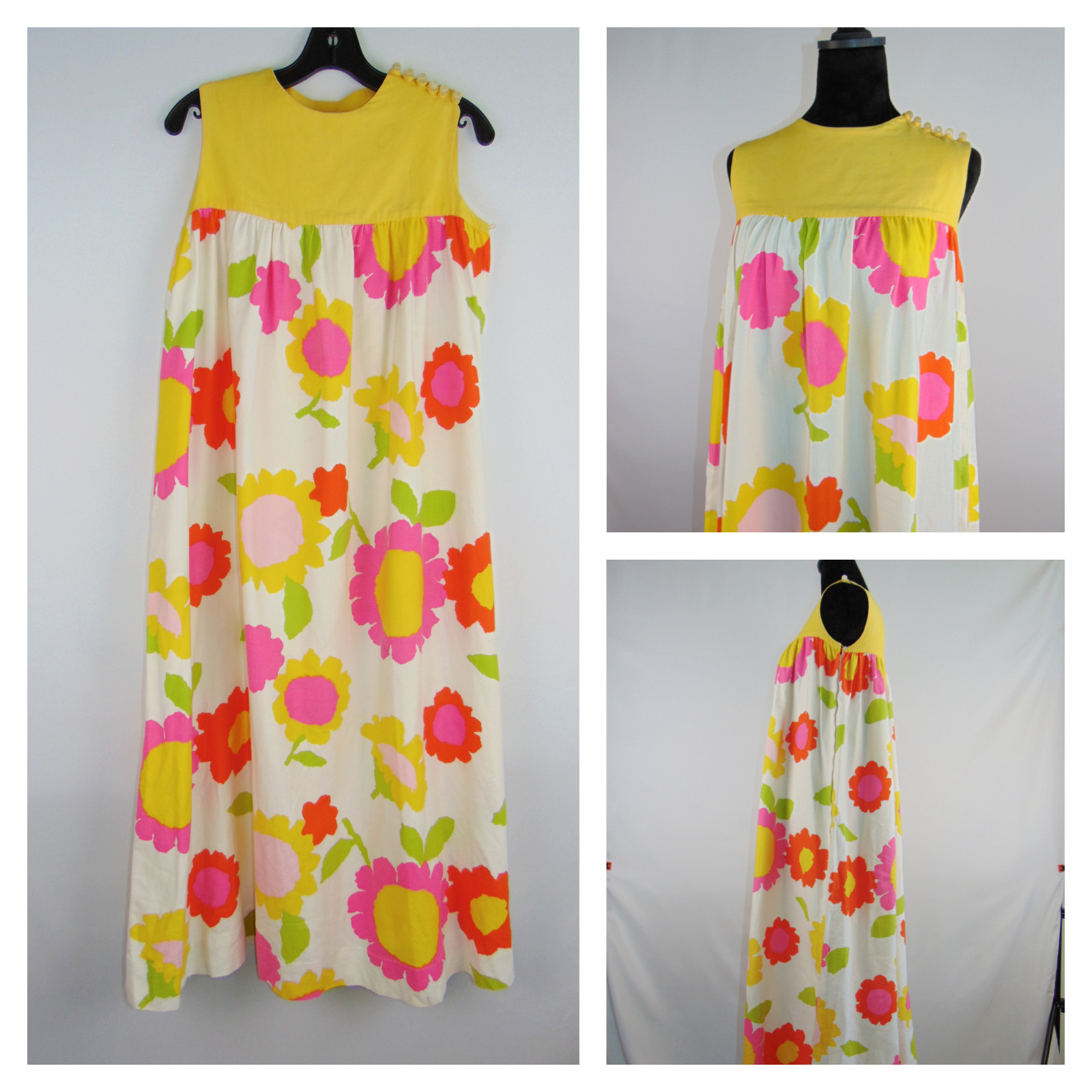 Vtg 1960s Hawaiiian Maxi Dress Small Cotton Mod Psychedelic Floral Flower Power
