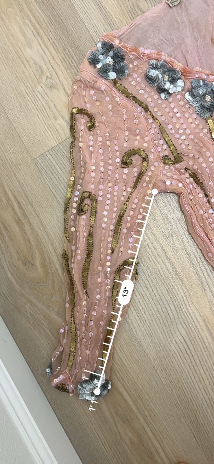 FLAPPER 1920’S GELATIN SEQUIN + BEAD BLUSH PINK SILK DRESS MADE IN INDIA LARGE