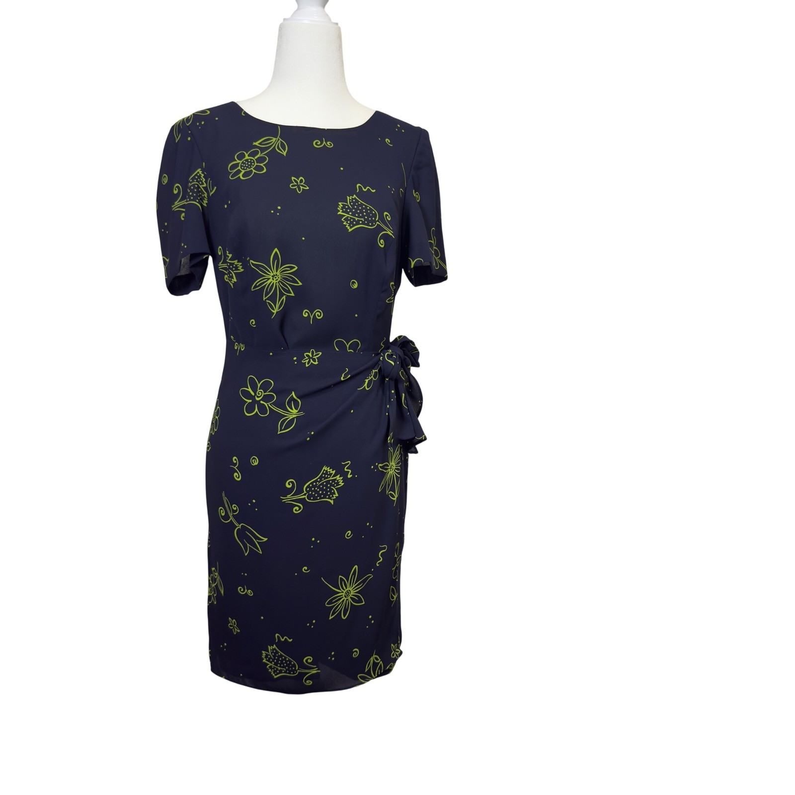 Warren Petites Navy Blue Lime Green Floral Side Tie Sheath Dress Vintage Size 4