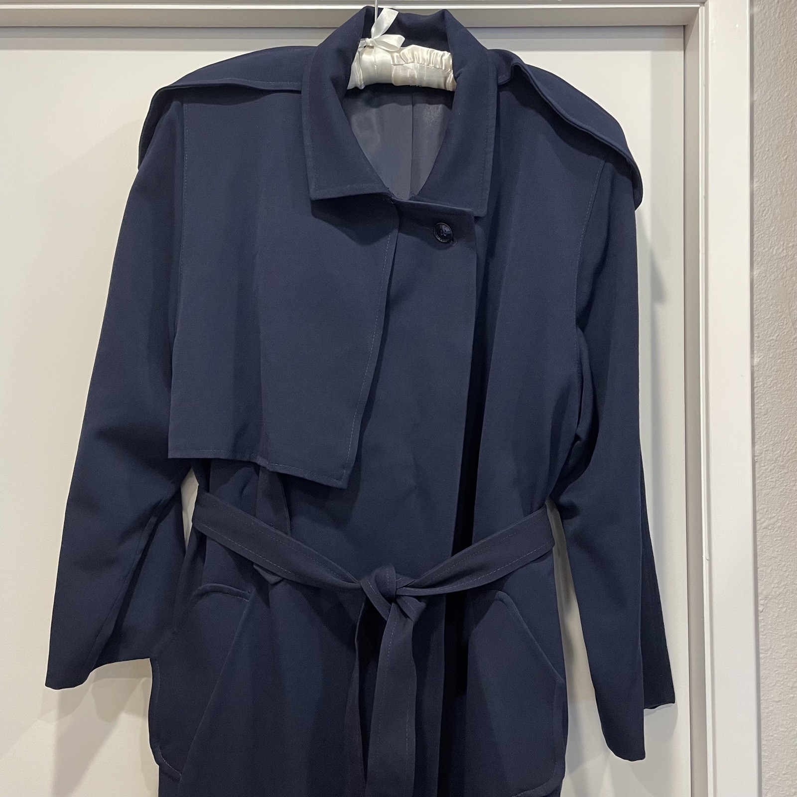 Vtg 90s Woman’s Size 14 LONG Navy 100% Wool Trench Coat Sara Roberts CLASSIC