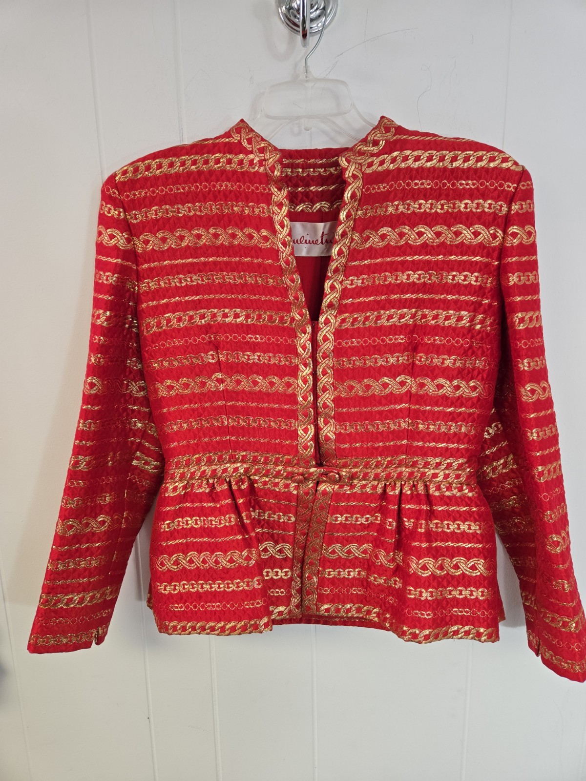 Pauline Trigere Vintage Suit Red & Gold Brocade Quilted Satin Jacket Skirt Saks