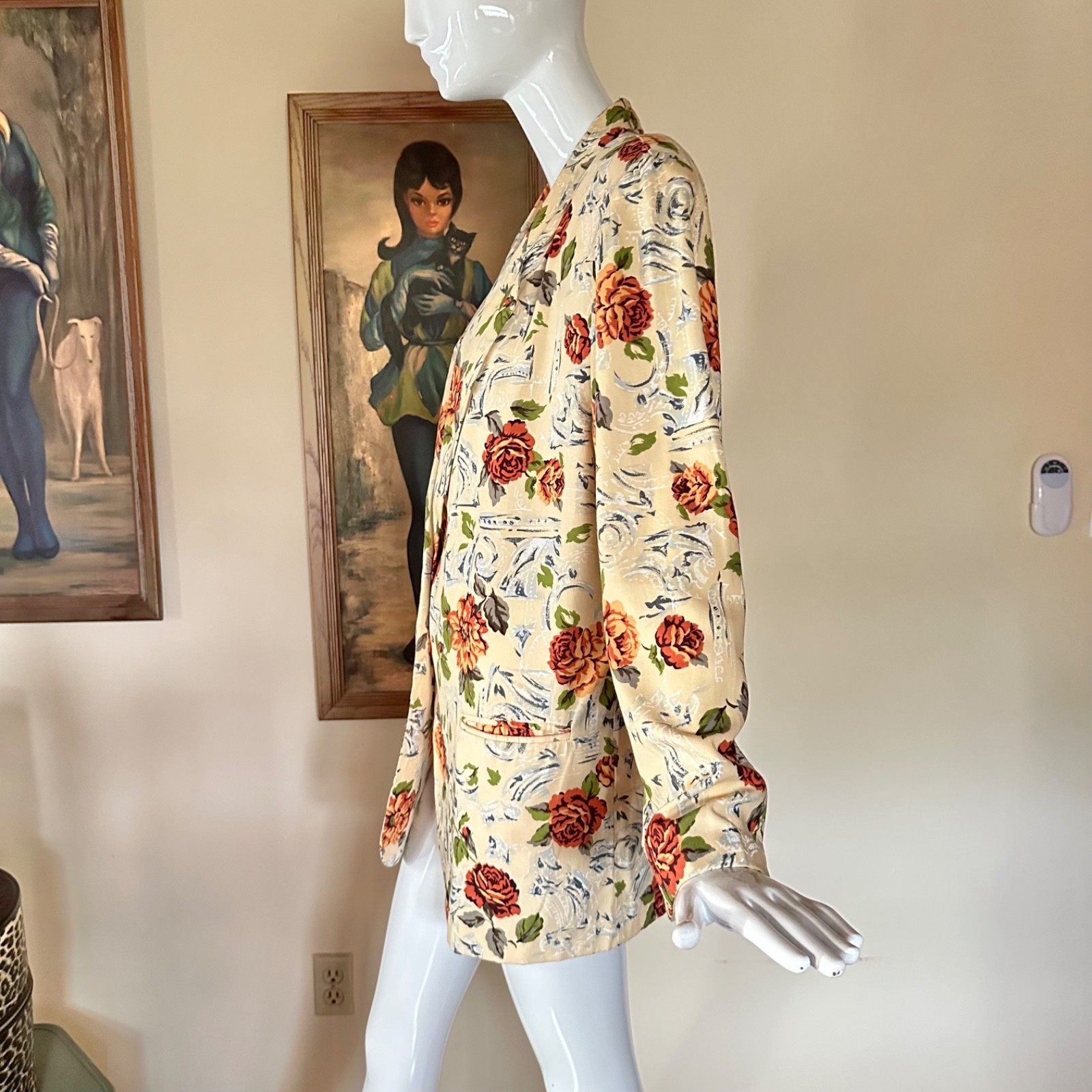 Vintage 90s Yellow Garden Floral Yuppie Blazer Work Wear Coat Jacket L/XL Volup