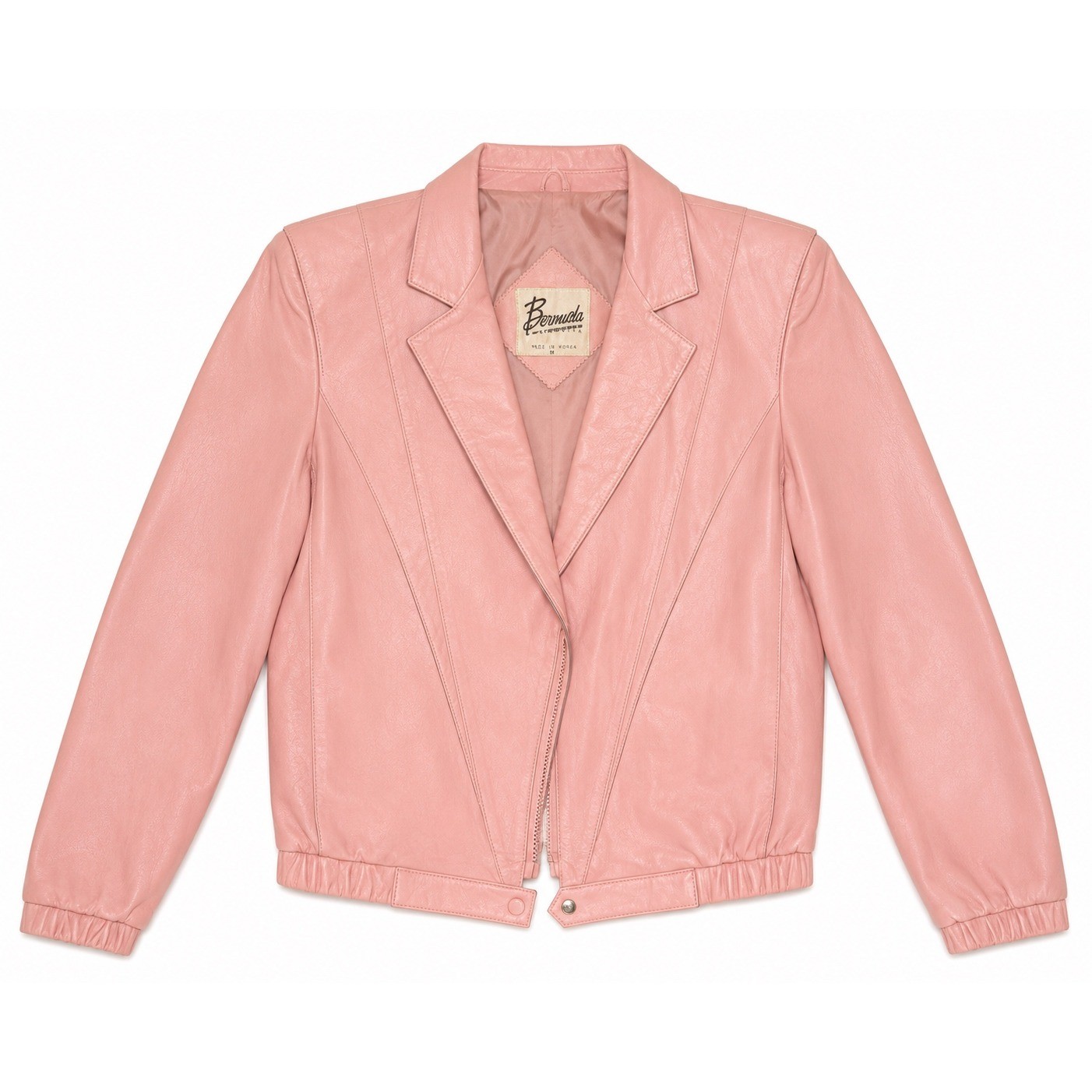 Bermans Vintage Pink Leather Bomber Jacket Womens 12 Notched Lapel V-Stitch 80s