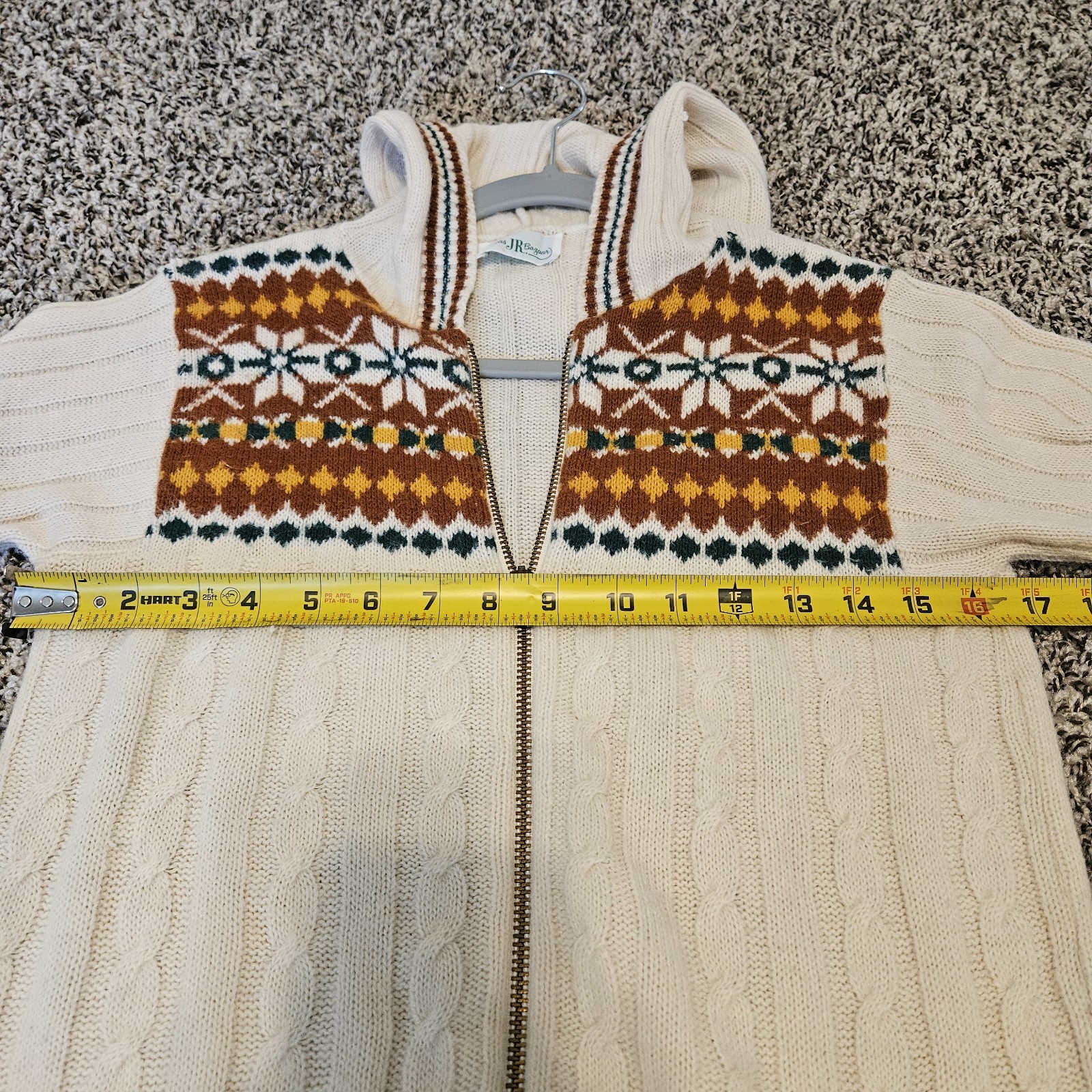Vintage 1970s Sears Jr Bazaar Fair Isle Zip Hoodie Sweater Cream Brown Cable…